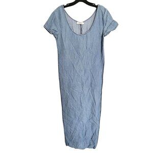 Vibrant Blue Light Wash Chambray Short Sleeve Linen Tunic Longline Top Sz Small